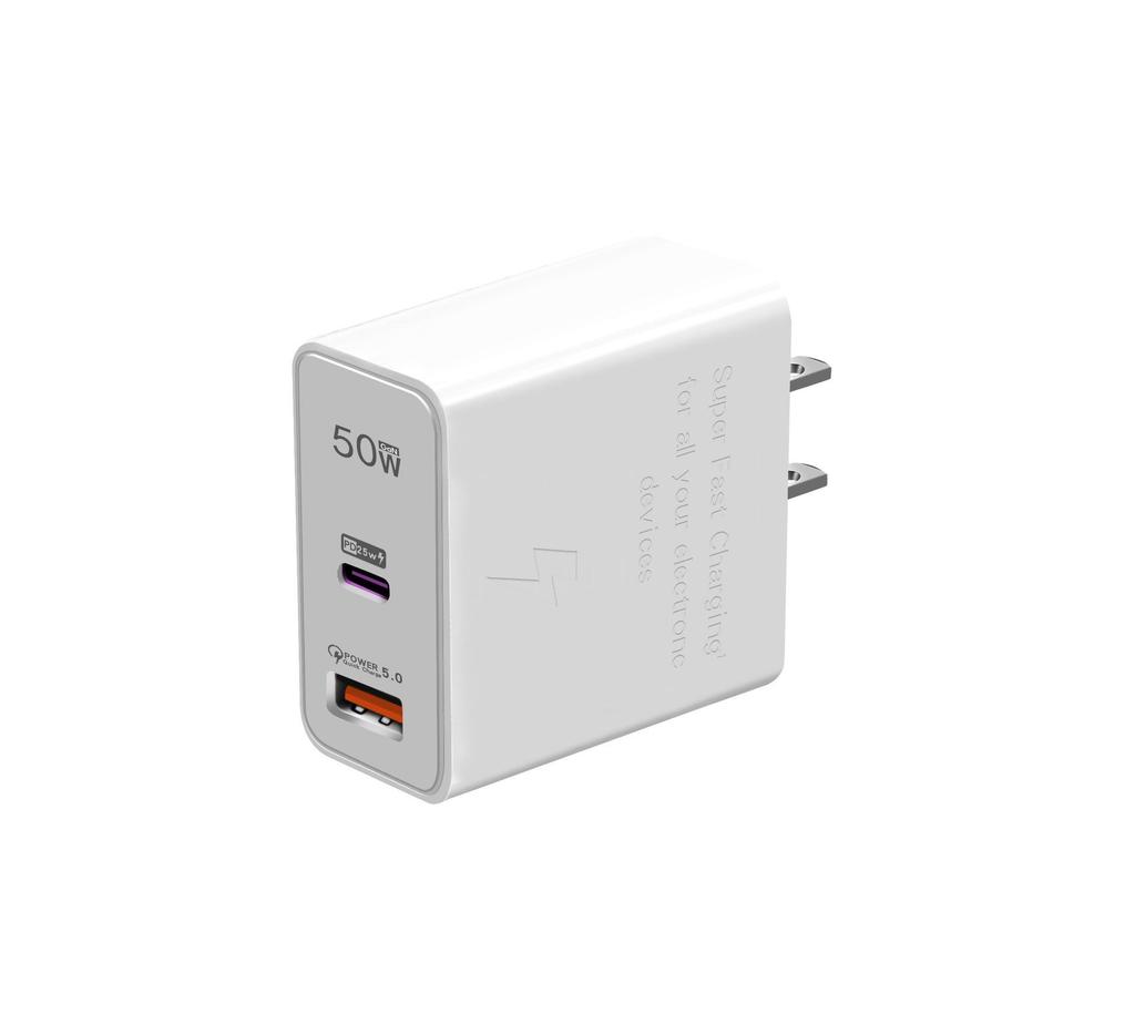 50W Dual-Port Charger, Compatible with Samsung, Huawei, and Apple Phones, PD Fast Charging Adapter for EU/US/UK Standards.