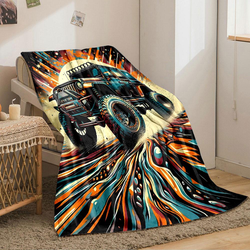Bold off-road vehicle with dynamic, colorful streaks and cosmic accents. for all seasons blanket lunch break throw gift