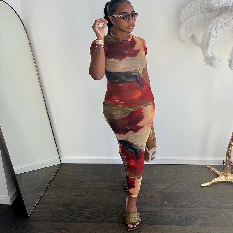 European and American Style Fashionable Printed Round Neck Pullover Short Sleeved Skirt with Hip Wrap, Elegant Casual Dress