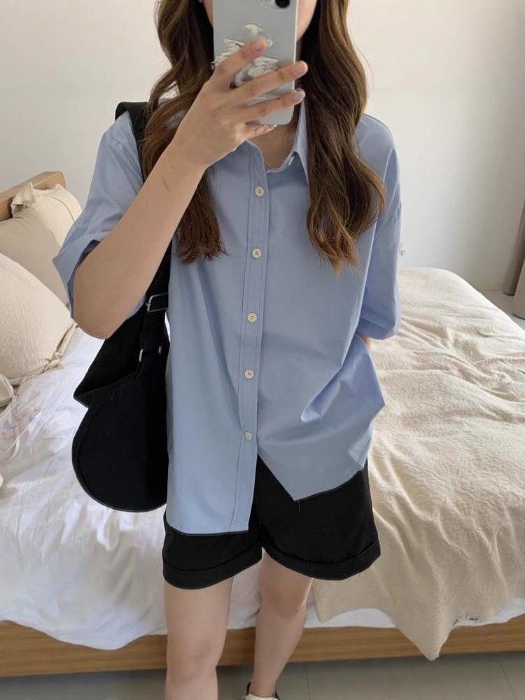 Women's Chic Pure Cotton Loose Fit White Short-Sleeve Shirt - Korean Style Summer Casual Top