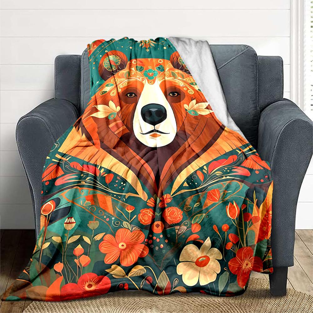 1pc Floral Bear Blanket, Lightweight Flannel Throw Blanket For Sofa, Bed, Travel, Camping, Living Room, Office, Couch, Chair, And Bed