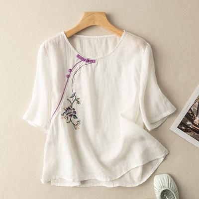 Short-sleeved Shirt for Women with Loose Embroidery Loose Retro Cotton Linen Shirt Top for Women with Oblique Plaque Buttons for Summer New Style