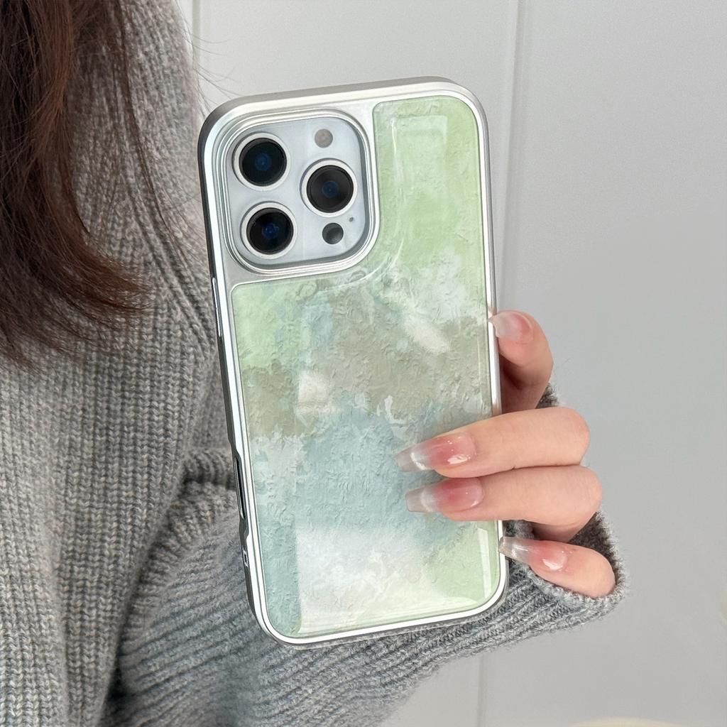 Spring Fresh Green Mixed Oil Painting Texture Smudge Sliver Edge Protective Case for iPhone 11 12 13 14 15 16 17 Pro Max Plus XR