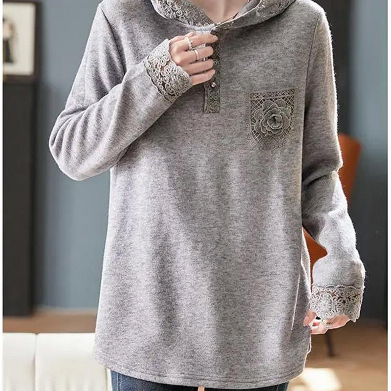 Sweatshirt for Women Cotton Oversize Mid-Length Long-Sleeve LaceThickened Loose Casual Pullover  Sweatshirt