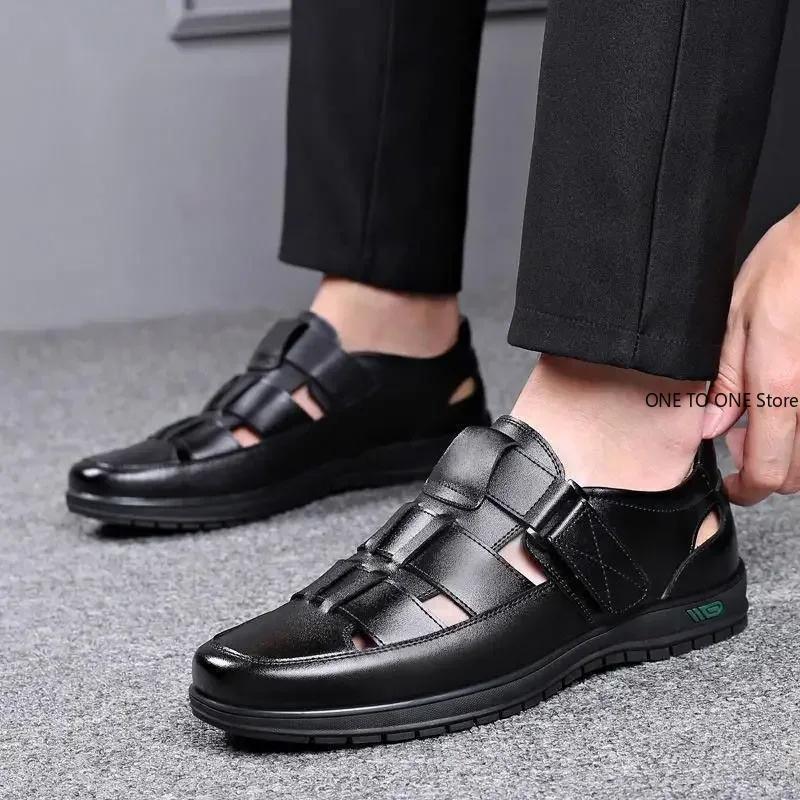 Fashion Genuine Leather Men Shoes Summer Shoes Hollow Out Breathable Sandals Non-slip Flats Soft Bottom Handmade Tide Design Footwear