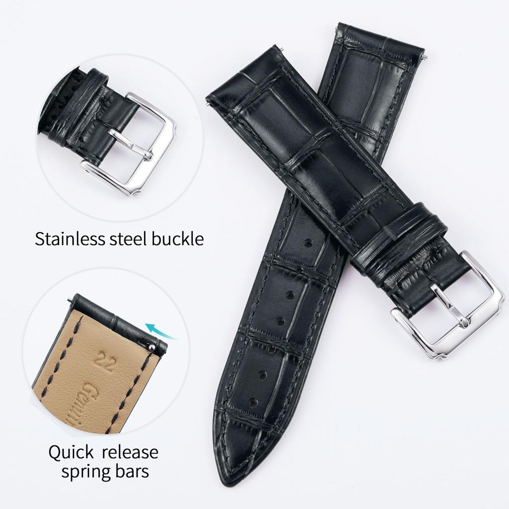 Leather Watch Band Quick Release Leather Watch Strap for Men and Women Replacement Smart Watch Strap Crocodile Leather Pattern [BINLUN] (18MM, Black)
