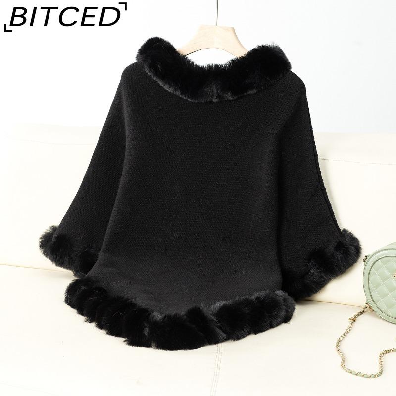 BITCED Solid Colour Wool-Trimmed Pullover for Women Autumn/Winter Thick Vintage Check Knitted Cape Shawl