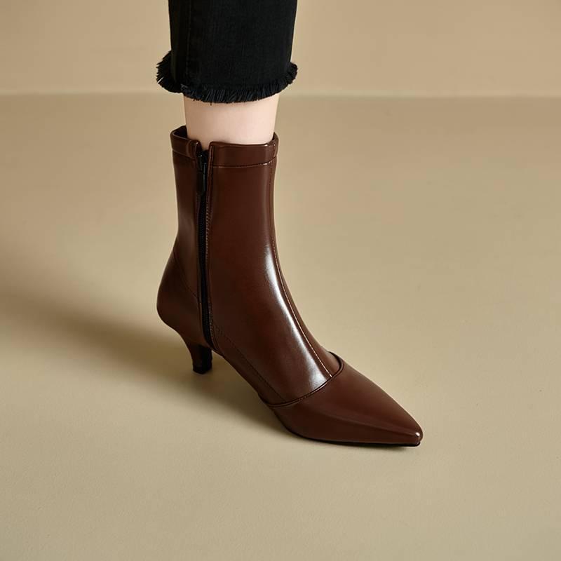 Autumn and Winter Gold Women's Fashion Boots Solid Color Rubber Sole Pointed Middle Heel Large Size Women's Boots Zipper Stiletto Medium Boots