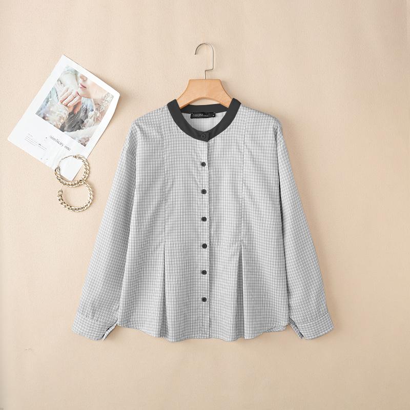 ZANZEA Women Grid Print Casual Round Neck Long Sleeve Blouse