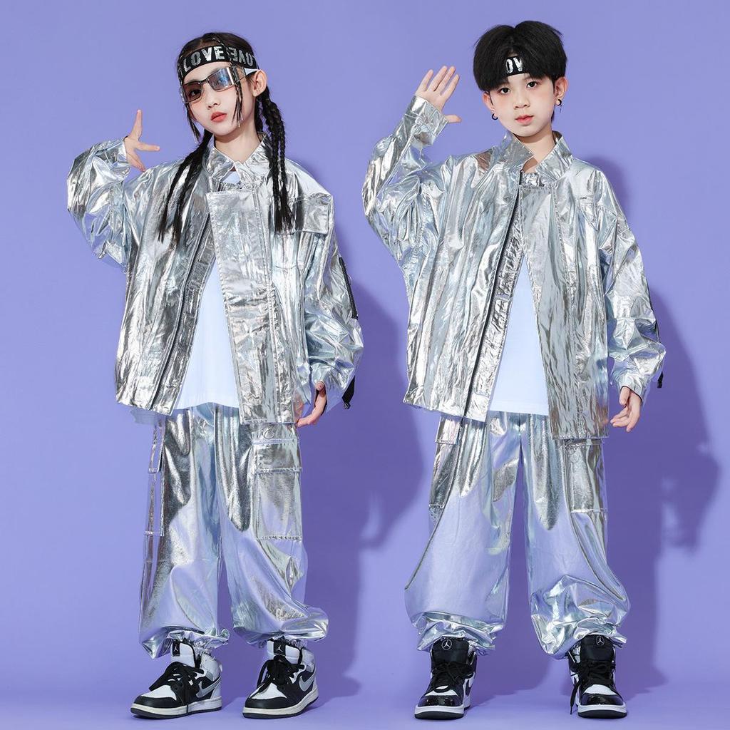 Children's Shiny Silver Leather Hip Hop Set for Stage Shows and Street Dance Performances.