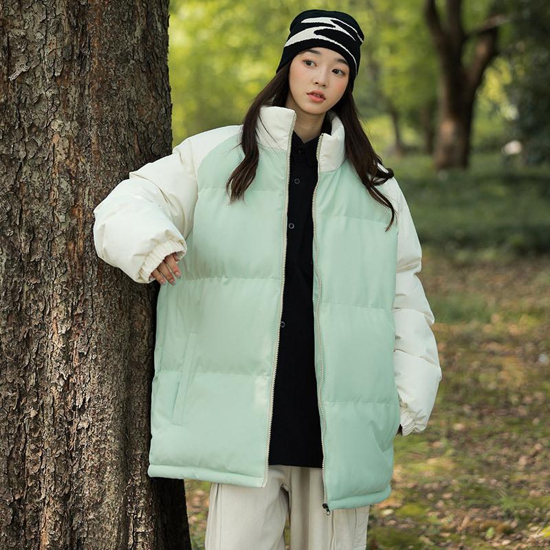 Down Cotton Jacket Winter Couple Thickened Warm Bread Clothes Men's Casual Cotton Clothes Loose Color Matching Stand-up Neck Cotton-padded Clothes