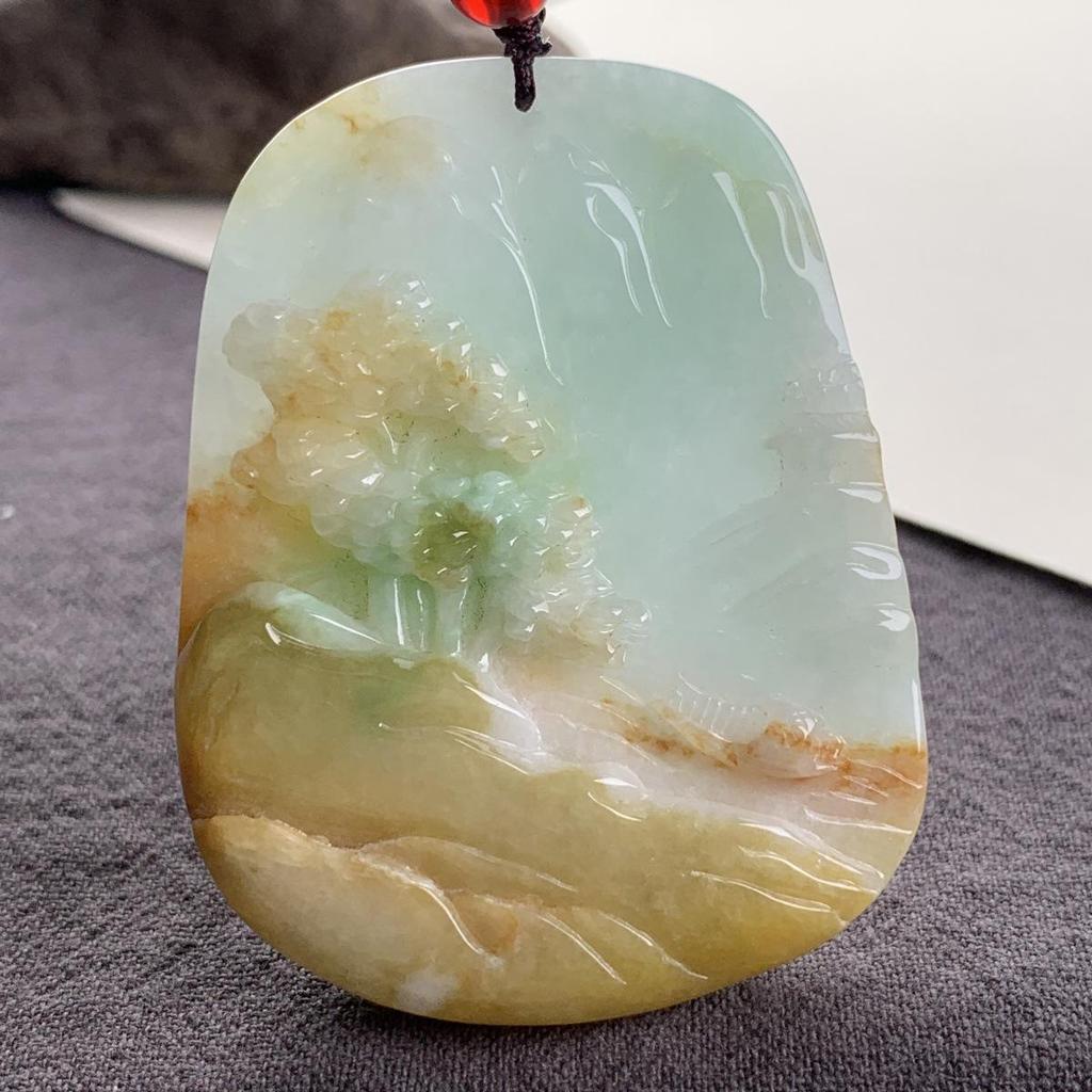 A-Grade Ice-Type Myanmar Jade Hand-Carved Pendant with Landscape & Buddha for Auspicious Gifts