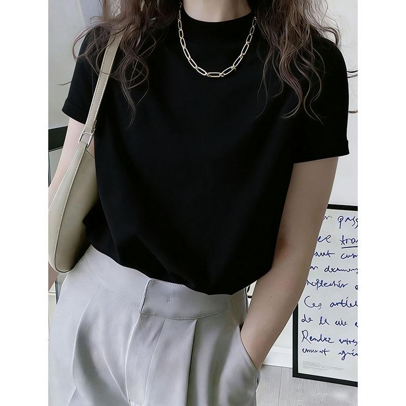 New semi-turtleneck shoulder pure cotton polished short-sleeved t-shirt women's Korean version fashionable versatile foreign style white top