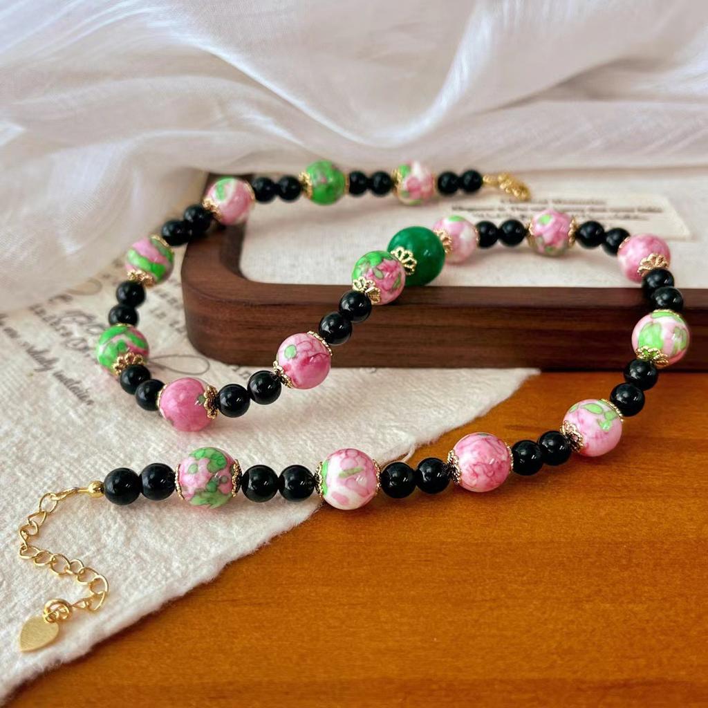 Vintage Medieval Cherry Blossom Pink Frog Skin Glazed Ceramic Bead Black Agate Retro Sweater Bracelet Necklace