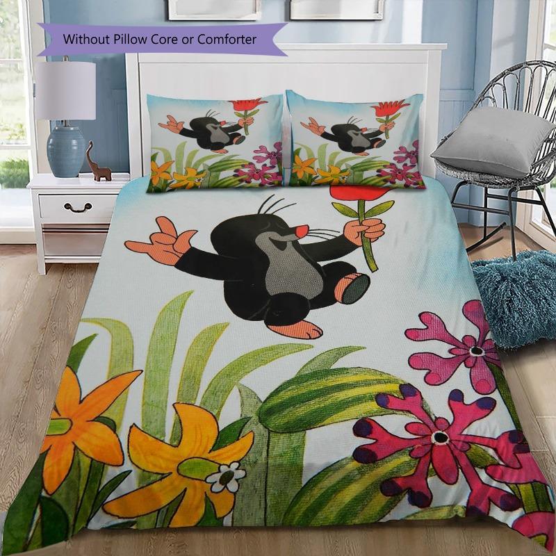 Krtek The Little Mole Color Umbrella Daisy Rain Bug Cartoon Print 3pcs Bedding Set Duvet Cover Pillowcases Kids Cartoon Home Textile For Children Fans