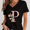Cartoon Alphabet Flower Graphic Tee Womens Clothing Pink Flower Alphabet Gift Tshirt FeUnisex Vintage 26 Initials Flower Tshirt