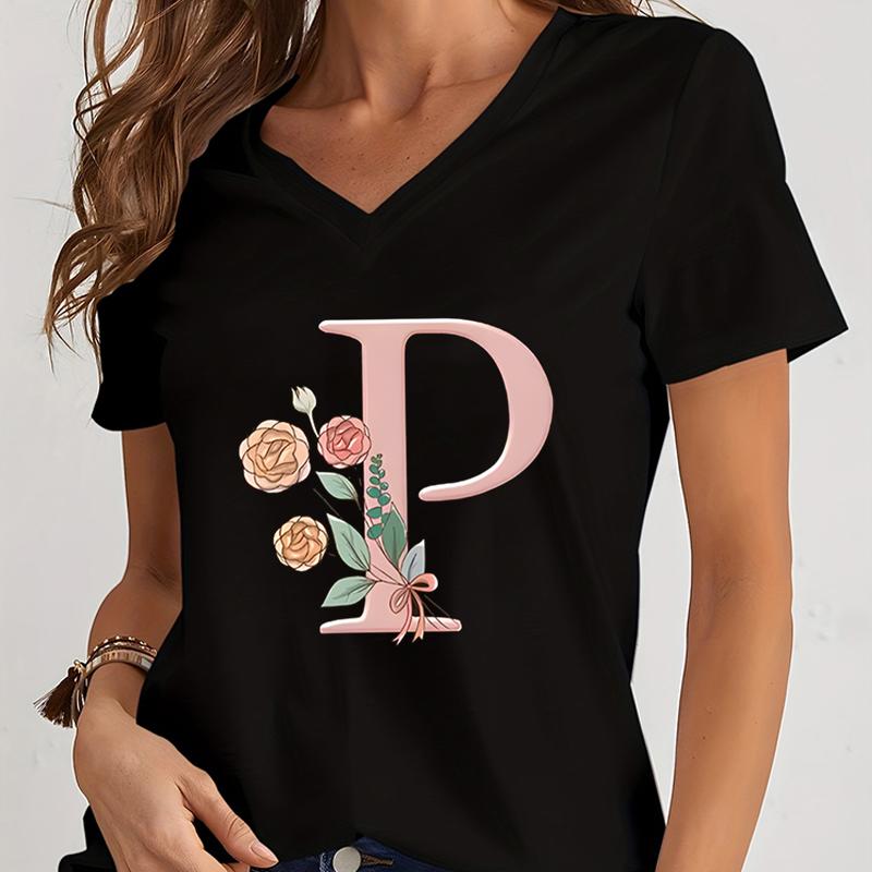 Cartoon Alphabet Flower Graphic Tee Womens Clothing Pink Flower Alphabet Gift Tshirt FeUnisex Vintage 26 Initials Flower Tshirt
