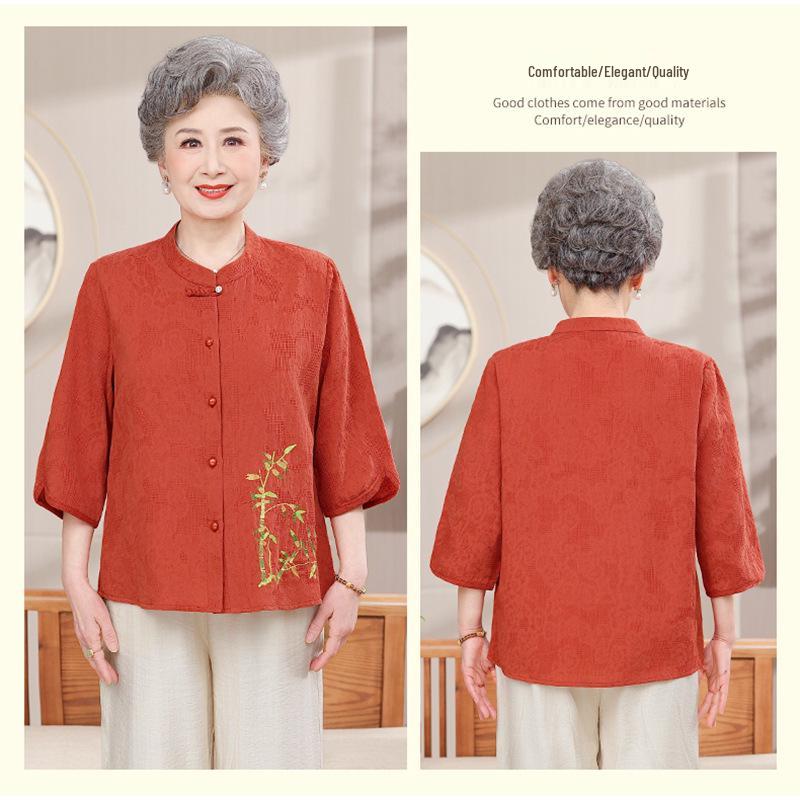 Women's Summer Cotton-Linen Set: 3/4 Sleeve Top & Two-Piece Outfit for Middle-Aged & Elderly