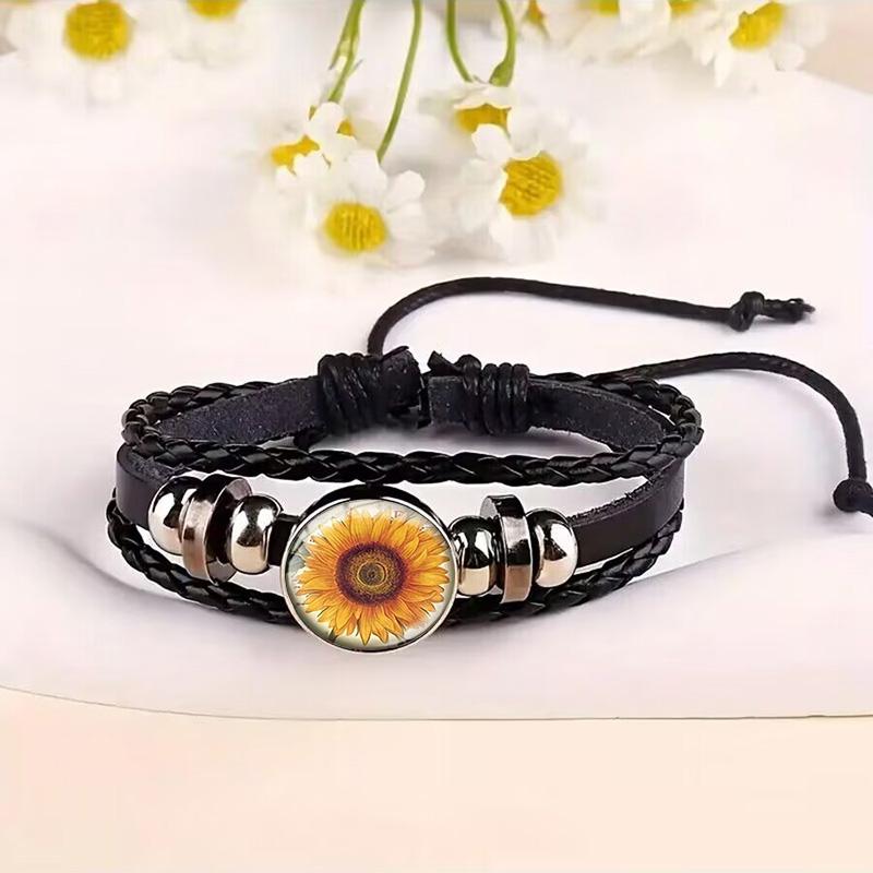 Braccialetto in Pelle Girasole Vintage Regolabile Braccialetti con Bottoni a Pressione in Vetro Floreale Per Donne Uomini