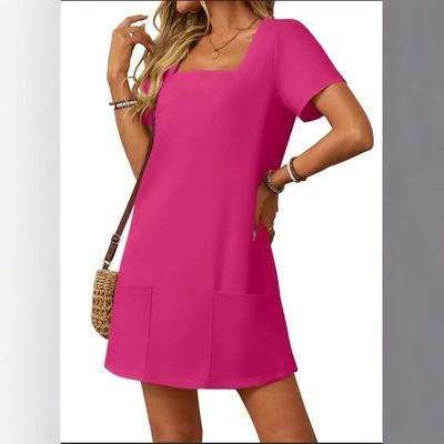 2026 Summer European and American Independent Station Women's Casual Square Neck Short Sleeve Pocket Solid Color Dress