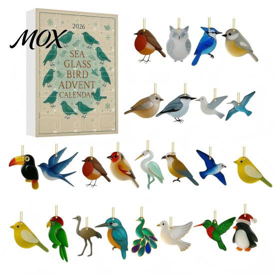 Decorative Bird Charms for Party Favors Sea Glass Advent Calendars 2026, 24 Days Christmas Countdown Calendar with 2026 2D Ornaments Home Tree