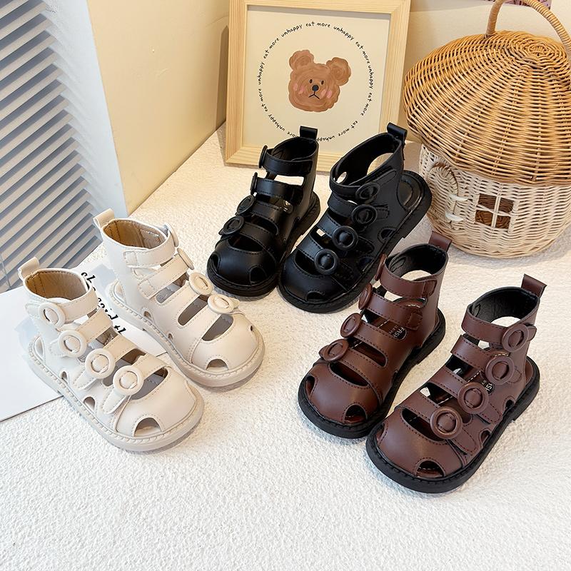 Kids Sandals High Top Hollowed-out Girls Princess Shoes Hook&loop Ins Trendy 2025 Summer New Children Beach Shoes Soild Color