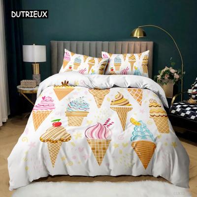 Eiscreme Bettbezug Set Bunt Eiscreme Süßer Stil Bettwäsche Set für Kinder Mädchen Mikrofaser Sommer Queen King Size Bettbezug
