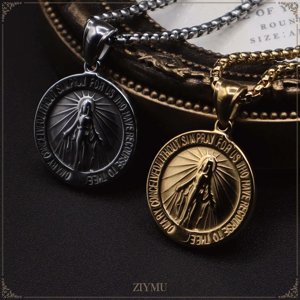 [ZIYMU] Virgin Mary Miraculous Medal Pendant Necklace, Venetian Chain, Unisex, 50cm, Silver p-065s