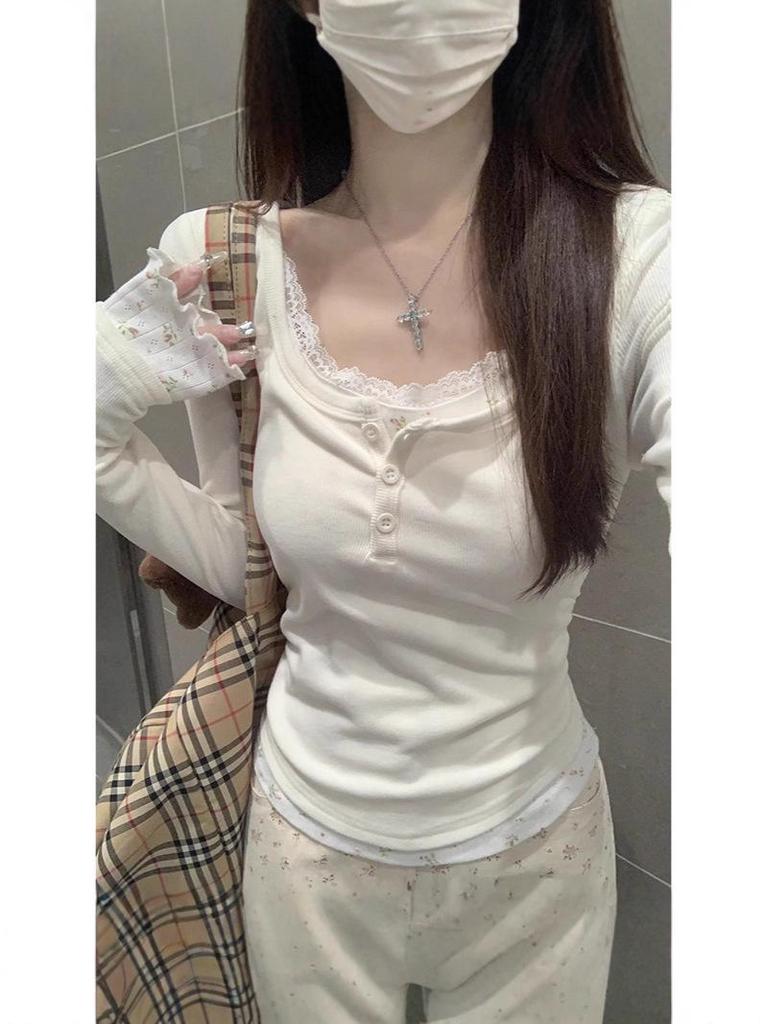 Korean Style Autumn Floral Lace Color-Block Button Shirt: Women's Long Sleeve Two-Piece T-shirt