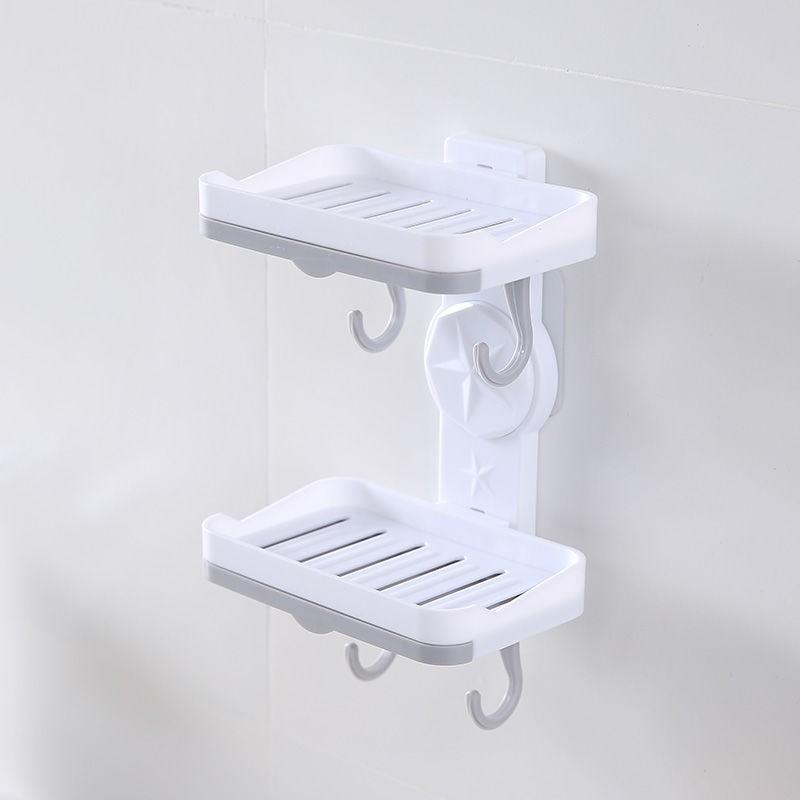 Punch-Free Wall-Mounted Soap Dish Rack with Hooks and Draining Shelf