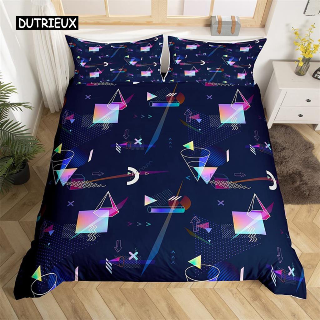 Psychedelic 3D Geometric Duvet Cover Microfiber Colorful Pop Abstract Art Comforter Cover Retro 80s Style Bedding Set Queen Size