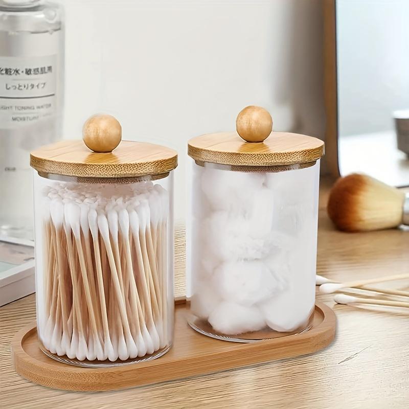 2pcs Qtip Holder Dispenser with Lids and Tray, 10oz Swab Holder Ball Organizer, Apothecary Jars Bathroom Storage Organizer,Clear Bathroom Storage Jars