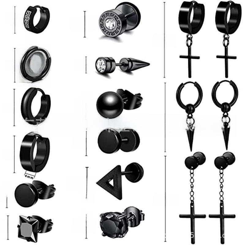 Unisexowy Zestaw Czarnych Kolczyków Wiszących ze Stali Nierdzewnej z Krzyżykami