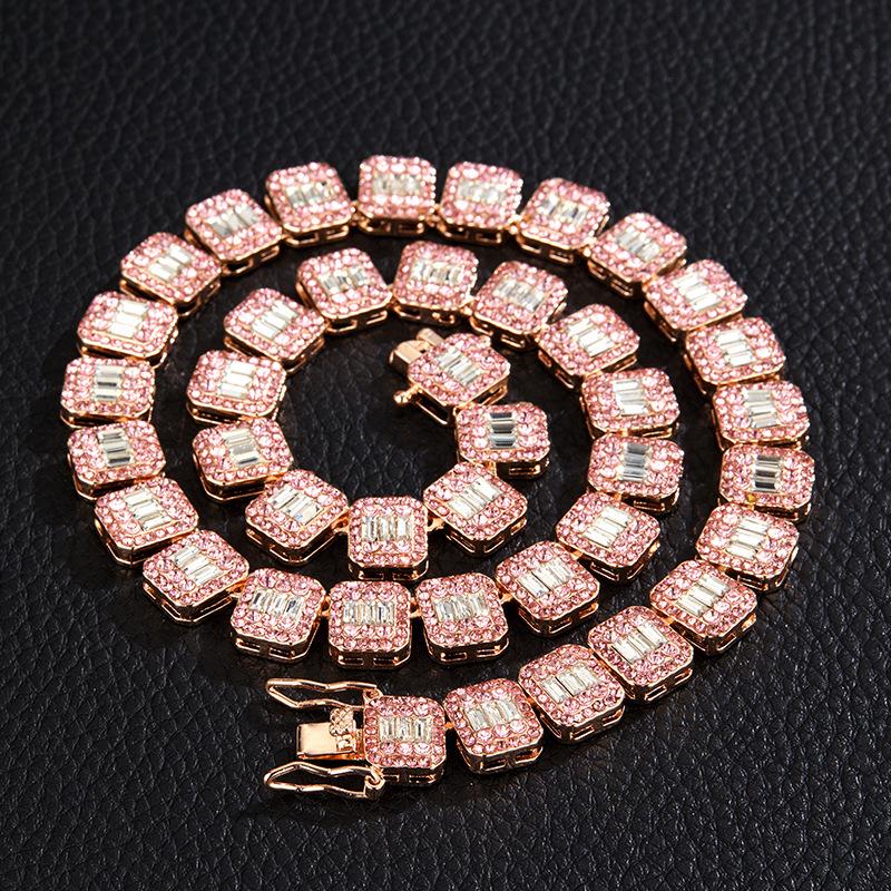 Pink Square Diamond Rhinestone Cuban Chain – Women s Hip Hop Bling Necklace