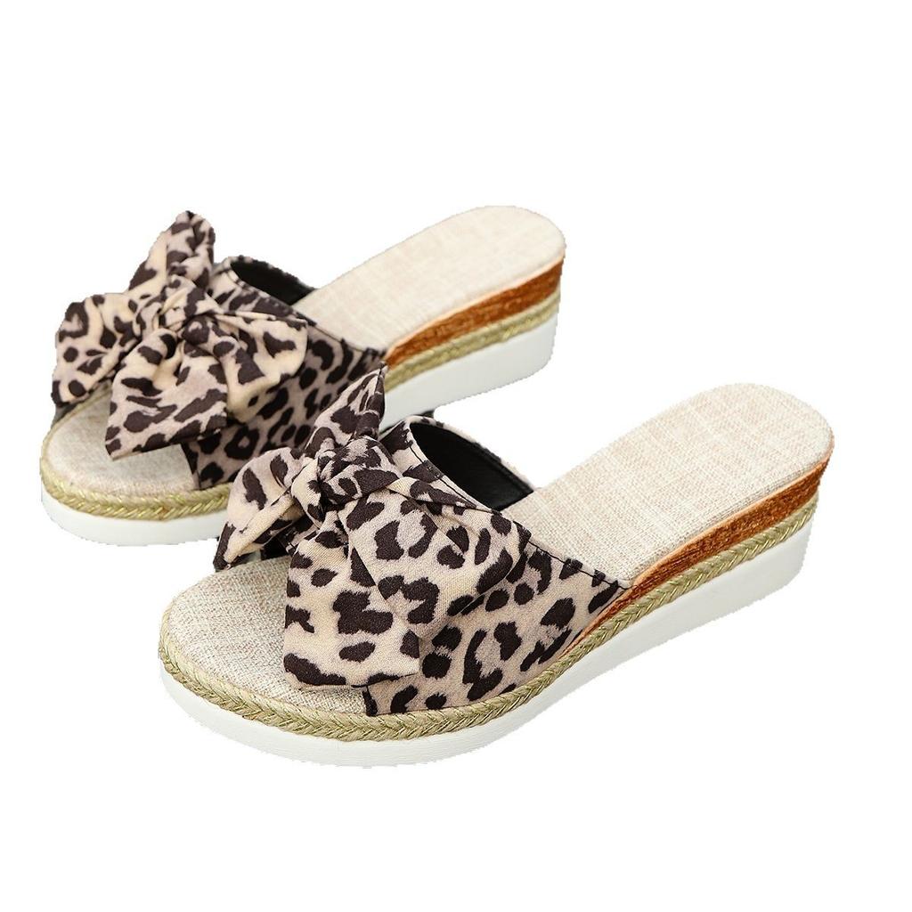 Slippers women's summer wear thick-soled high-heeled one-word drag fashion slope leopard print and cool slippers large size