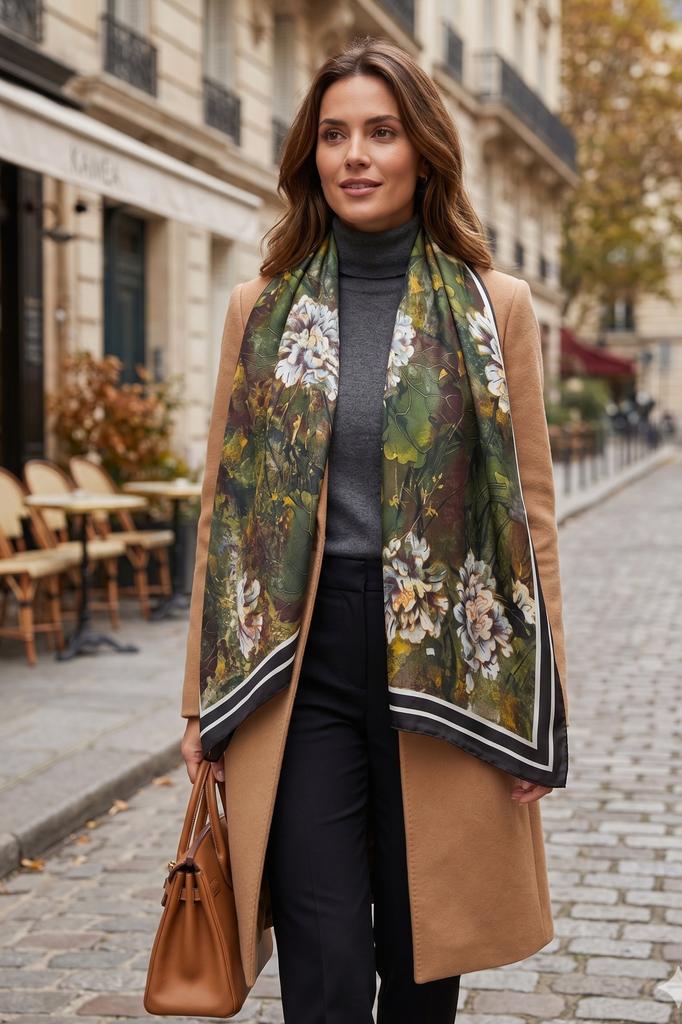 An Elegant Scarf with a Floral Pattern On a Background In Shades of Green and Brown