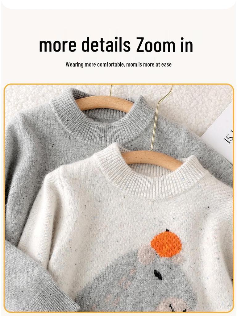 Hochwertiger 100% reine Wolle Kinder Pullover mit halbem Rollkragen Capybara Strick - Doppelfaden Verdickt