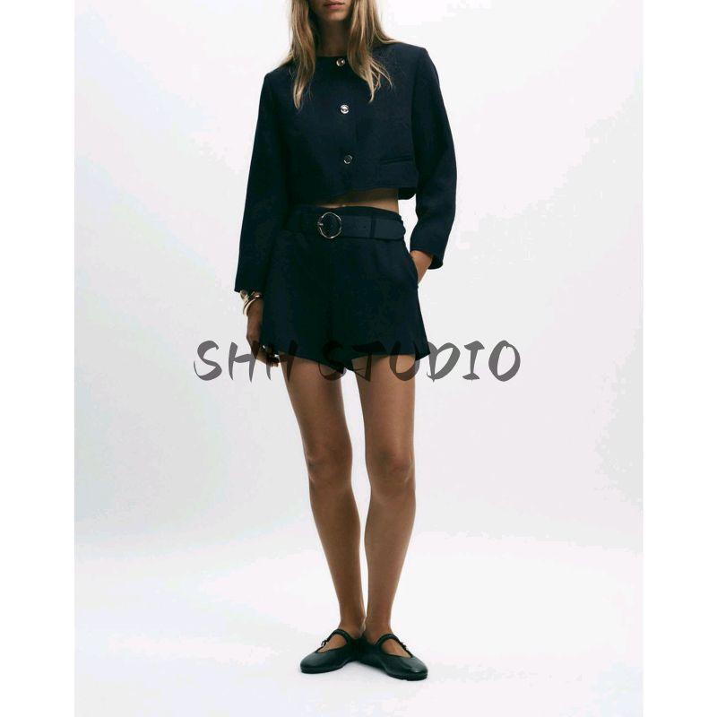 round Neck Golden Button Short Suit Outwear 8372280 High Waist with Belt Casual Shorts 8372180