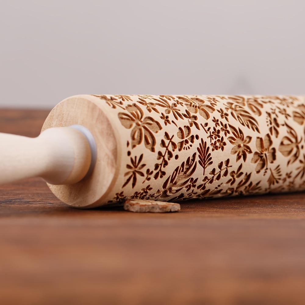1pc, Flowers Leaves Rolling Pin, Wooden Embossing Dough Roller, for Pizza, Pie, Cookie, and More, Kitchen Utensils,Kitchen Gadgets,Kitchen Accessories