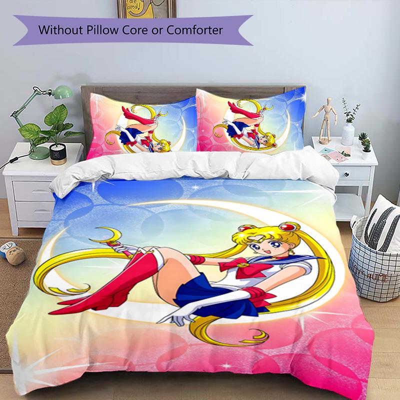 3-teiliges Sailor Moon Design Bettwäsche-Set - HD-bedruckte Bettwäsche mit 1 Bettbezug und 2 Kissenbezügen - Perfekt für die Heim- und Wohnheimdekoration