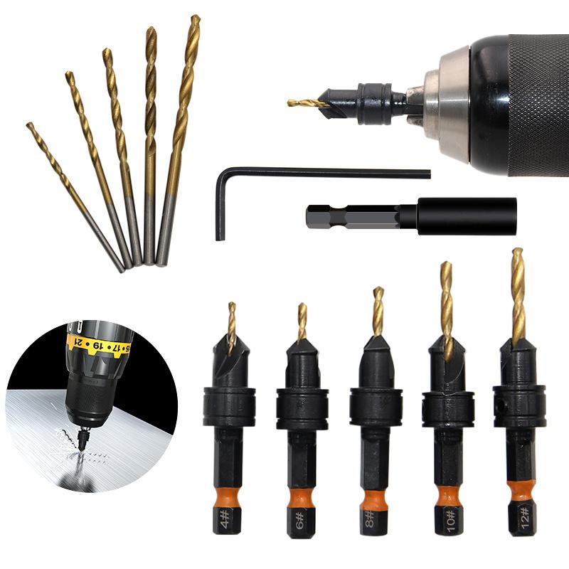 12-delige Titanium-Gecoate Zeskant Verzonken Boor Set Met Vervangbare Boren, Magnetische Houder & L-Sleutel. Boormachine Compatibel Voor Snel