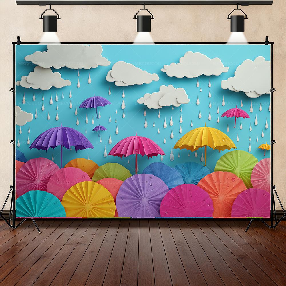 Fondo de banner con tema de gotas de lluvia y paraguas 3D, accesorios para sesión de fotos en estudio, póster de jardín de infantes, accesorios para fiesta de cumpleaños infantil