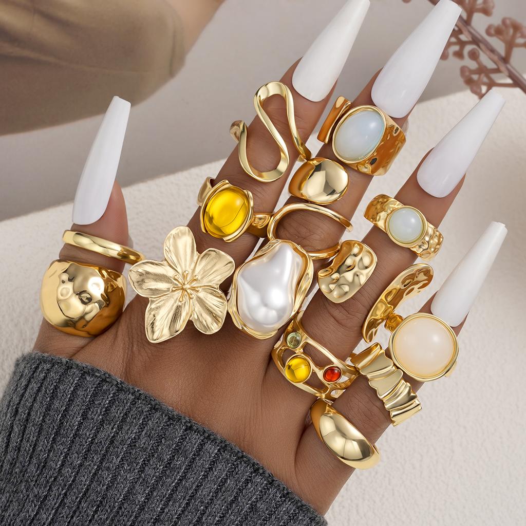 14Pcs Gold Color Floral Pearl Gemstone Ring Set For Women Vintage Irregular Lava Texture Stackable Finger Rings Trendy Jewelry
