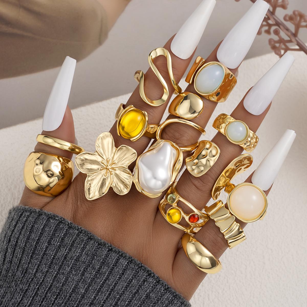

14Pcs Gold Color Floral Pearl Gemstone Ring Set For Women Vintage Irregular Lava Texture Stackable Finger Rings Trendy Jewelry