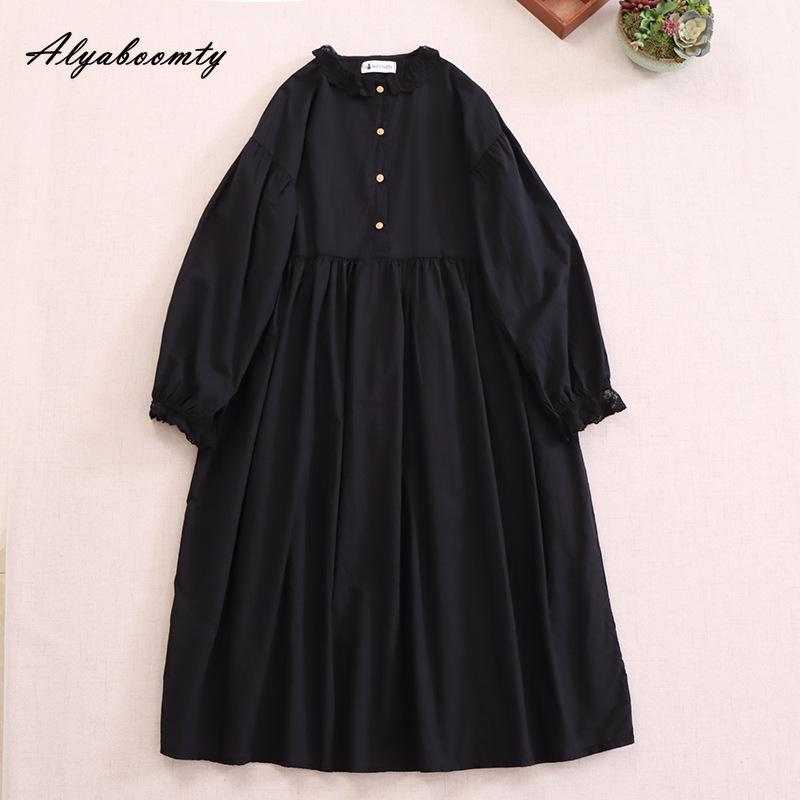 

Японское платье Mori Girl на весну и лето, женское мешковатое тонкое платье с рюшами на воротнике, белое абрикосовое черное хлопковое платье, удобное натуральное платье миди One Size чёрный