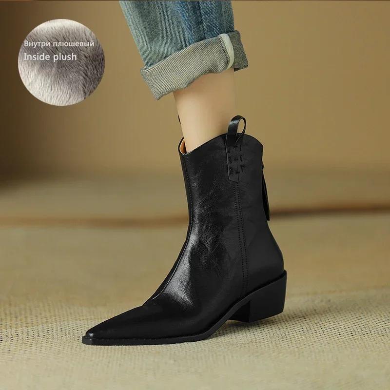 Fashion 2025 Autumn/winter Women Boots Genuine Leather Western Boots Women Shoes Pointed Toe Chunky Heel Chelsea Boots Retro Ankle Boots