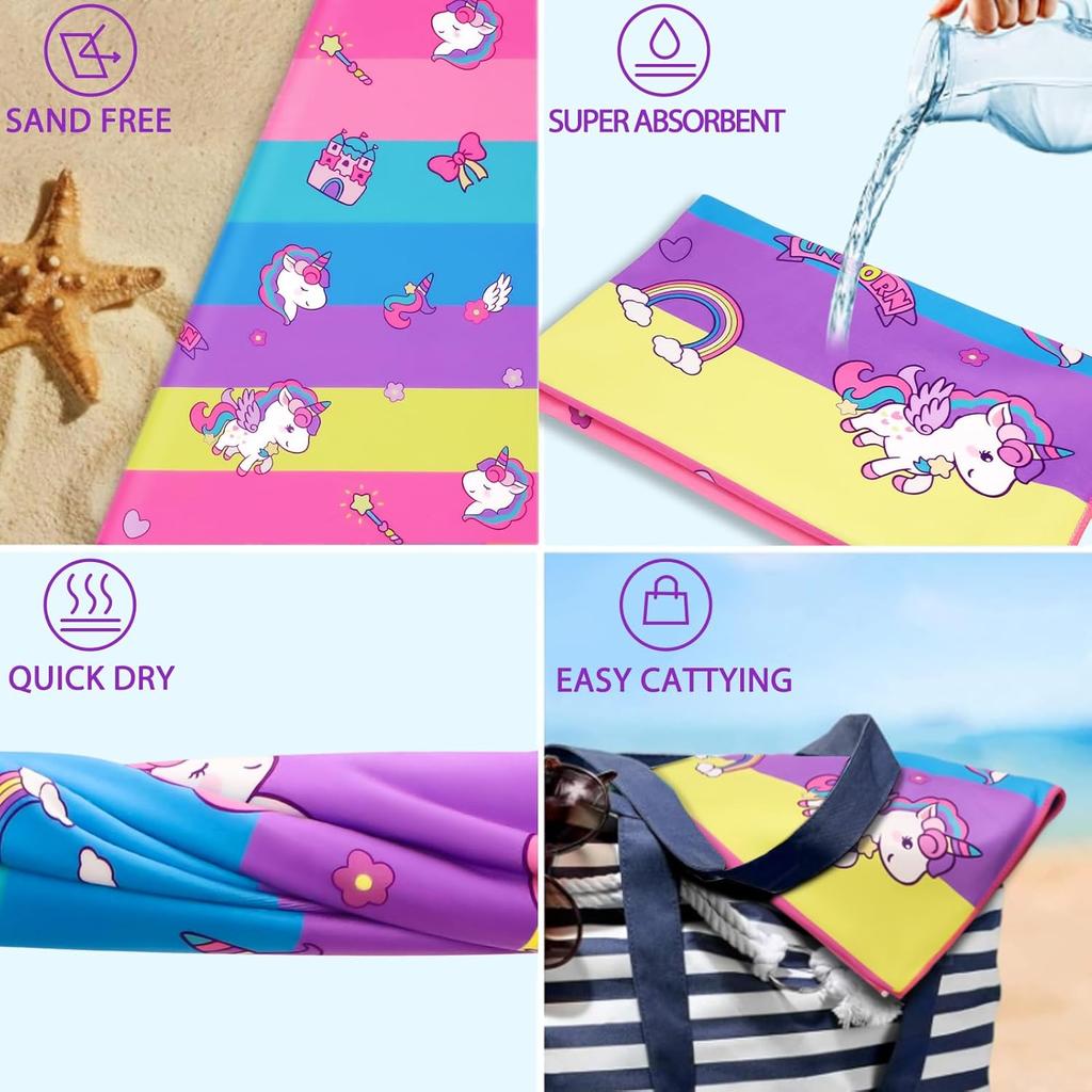 Kids Unicorn Beach Towel for Girls, Colorful Magic Design Quick-Dry Sand-Free Absorbent Bath Towel for Swim and Camping