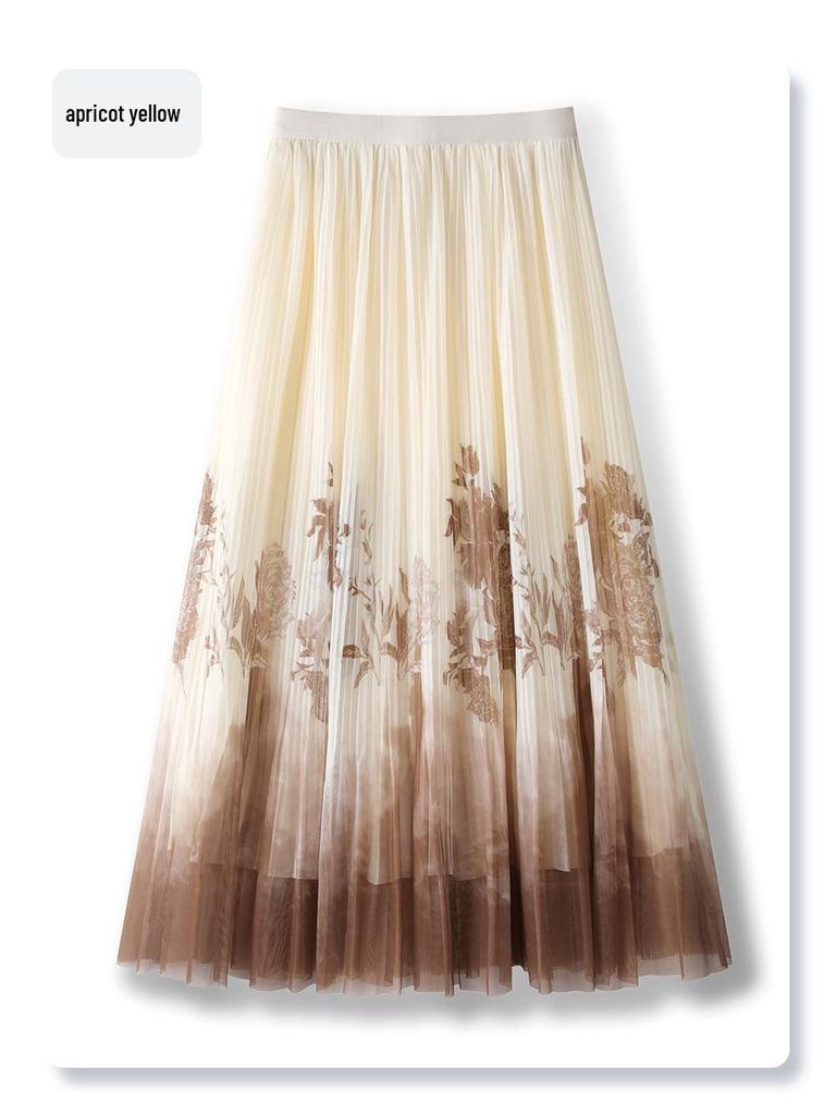 2025 New Ink Painting Midi Skirt for Women: Spring/Summer Slimming Pleated A-Line Umbrella Skirt