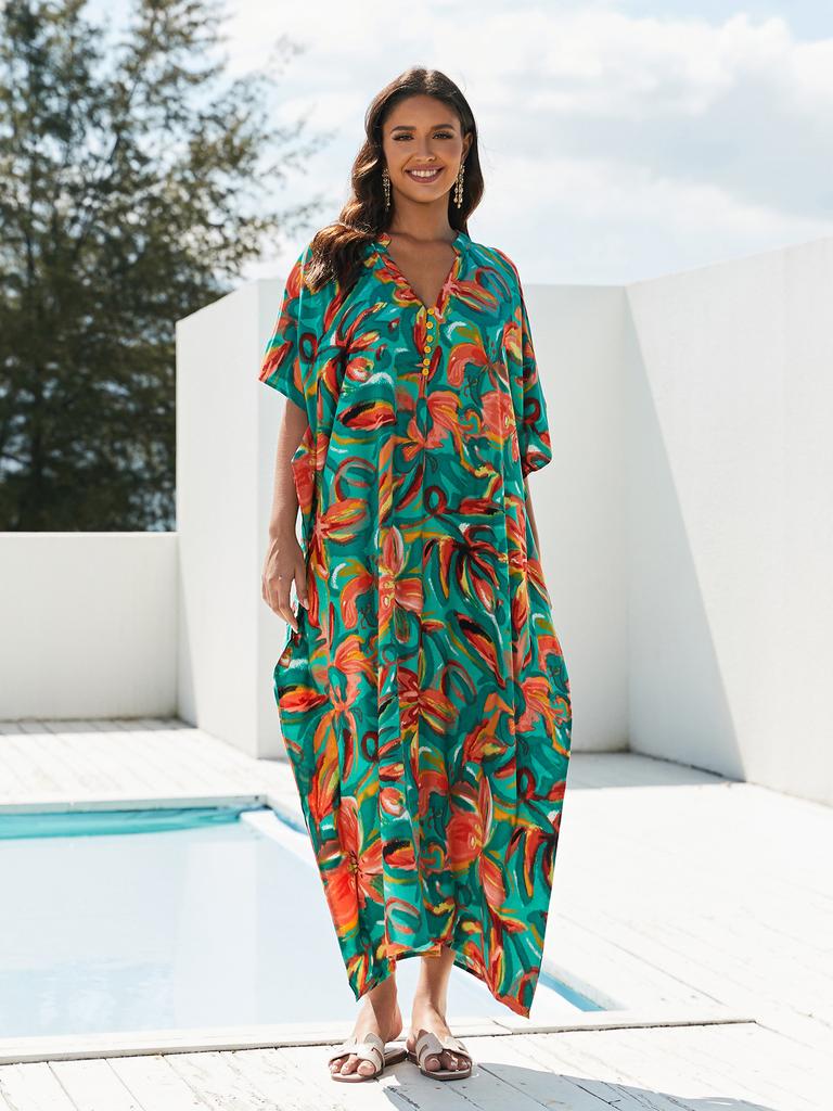 Beach Kaftans Flower Printed Summer Holiday Maxi Dresses Button Decoration Holiday Bathing Suits Hot Sales