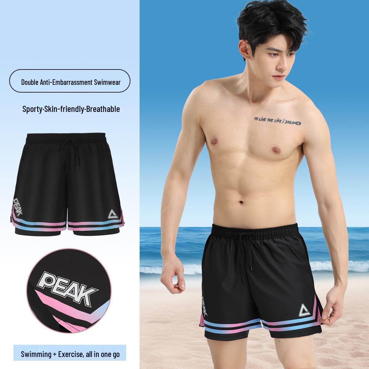 PEAK Men s Five-Point Anti-Embarrassment Double Layer Swim Trunks - Breathable, Skin-Friendly Beach Sports Shorts. 3XL